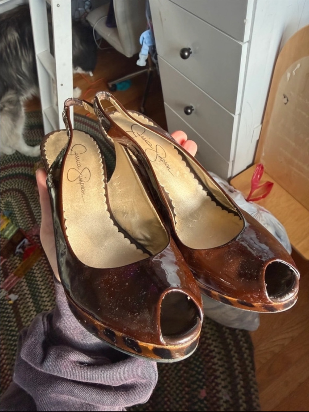 Jessica Simpson Brown Patent Peep-Toe Slingback Mules